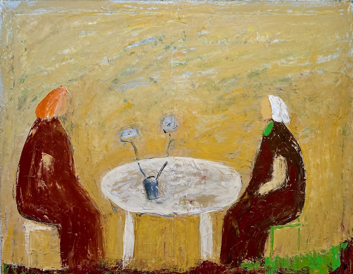“Samtale ved et bord”. Maleri på lærred / Paint on canvas. 80 x 100 cm.