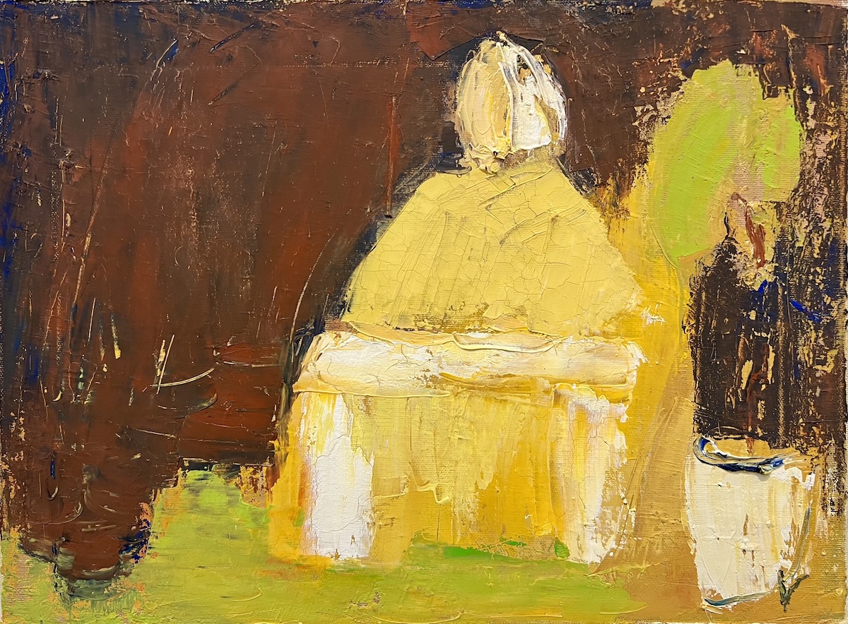 “Kvinde ved et bord”. Maleri på lærred / Paint on canvas. 30 x 40 cm.