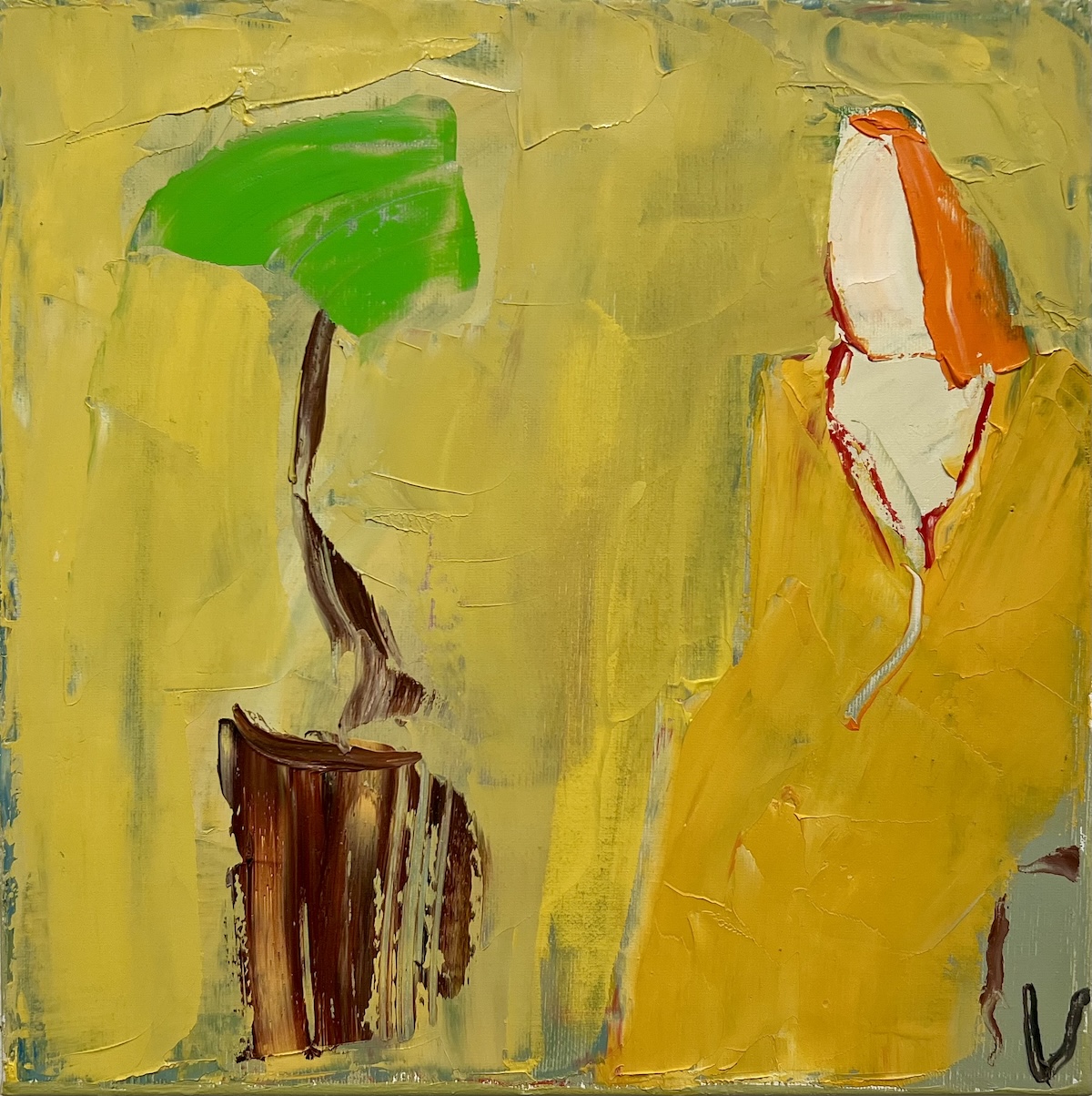 “Kvinde ved et bord”. Maleri på lærred / Paint on canvas. 30 x 30 cm.