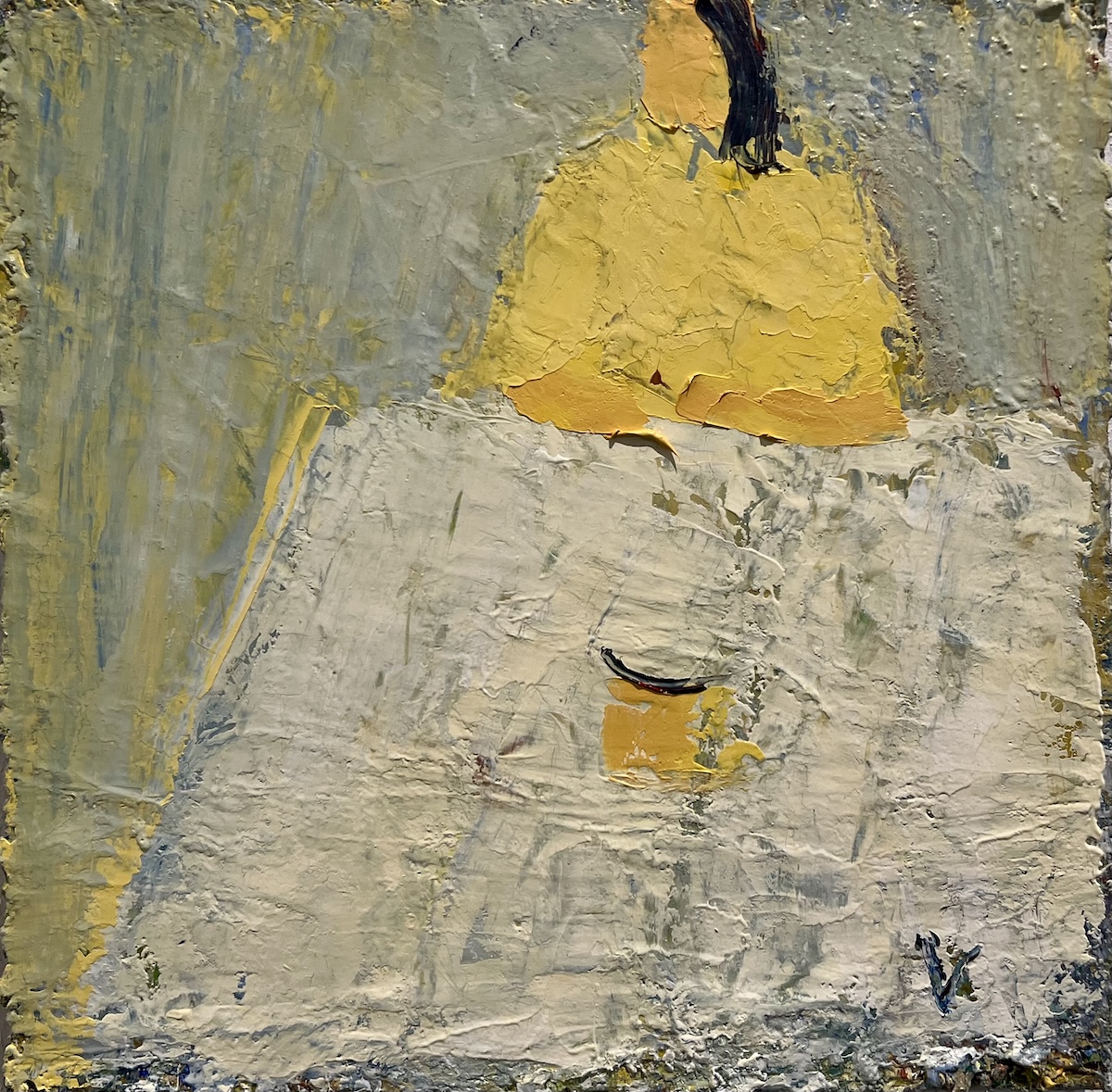 “Kvinde ved et bord”. Maleri på lærred / Paint on canvas. 30 x 30 cm.