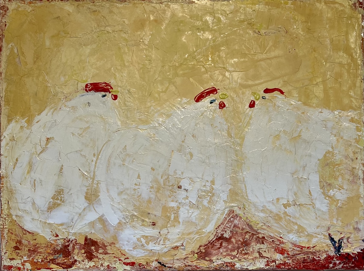 “Tre høns”. Maleri på lærred / Paint on canvas. 30 x 40 cm.