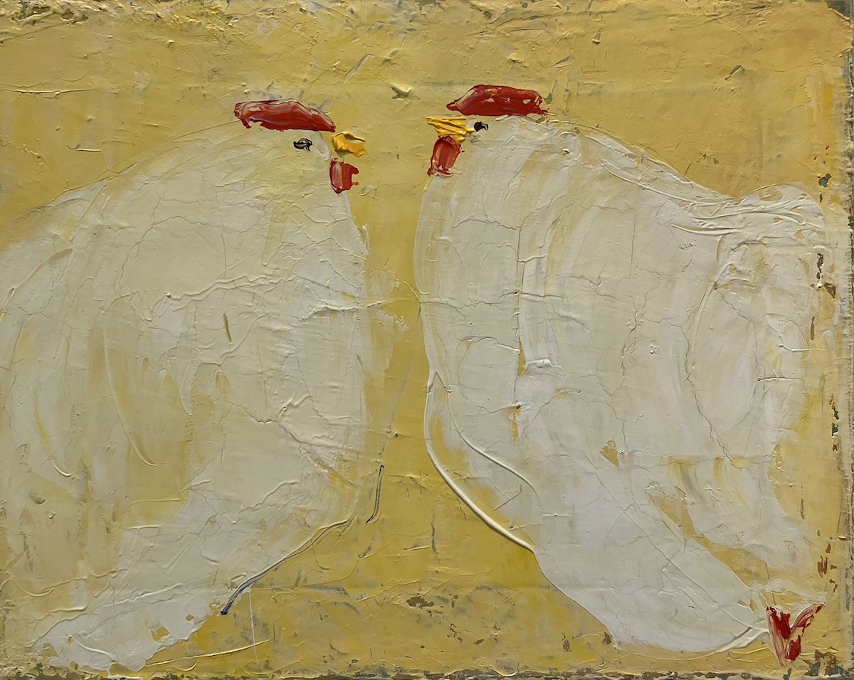 “To høns”. Maleri på lærred / Paint on canvas. 24 x 30 cm.