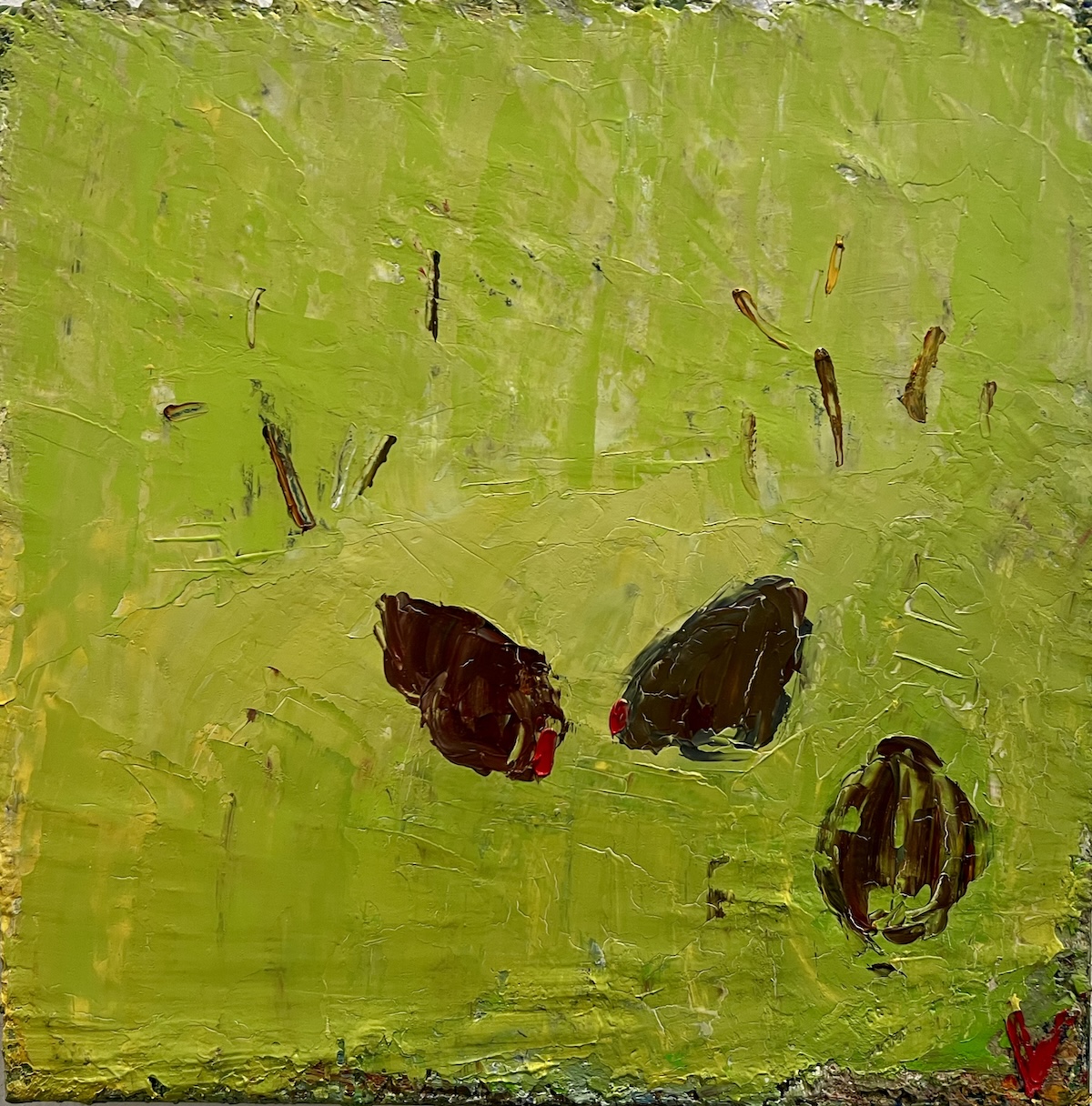 “Tre høns”. Maleri på lærred / Paint on canvas. 30 x 30 cm.