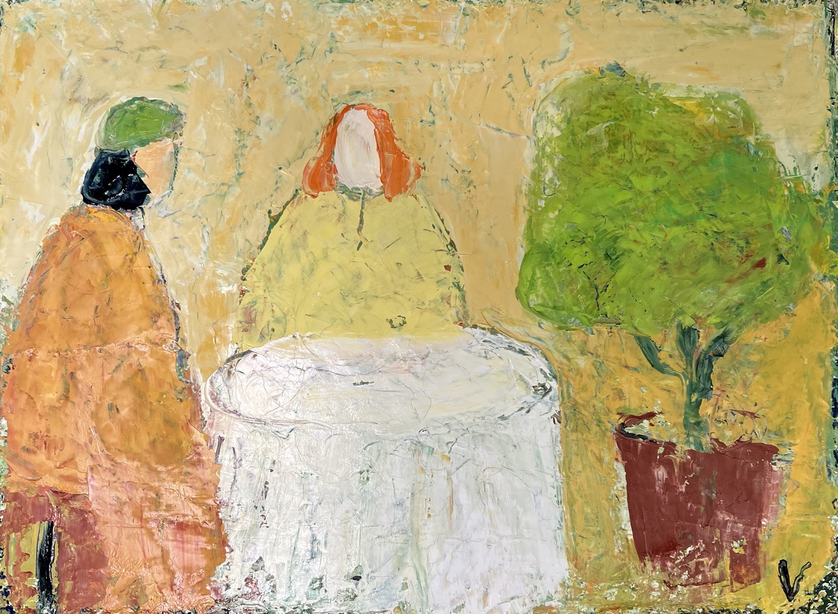 Ingrid Villesen. “Omkring et bord”. Olie på lærred.  / Oil on canvas. 45 x 60 cm.