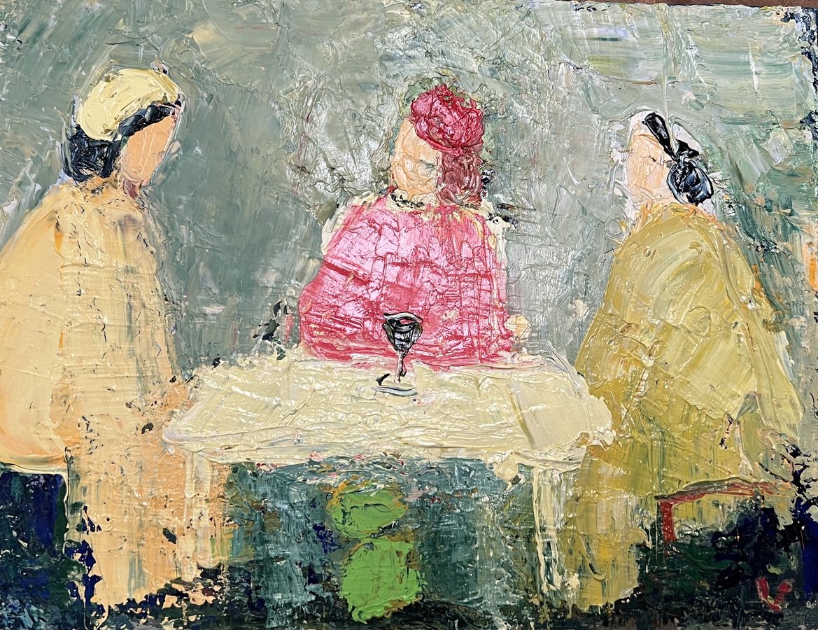 Ingrid Villesen. “Omkring et bord”. Olie på lærred. 30 x 40 cm.