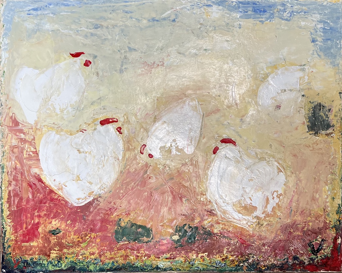 Ingrid Villesen. “Høns”. Olie på lærred.  / Oil on canvas. 40 x 50 cm.