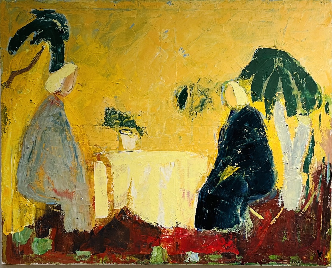 Ingrid Villesen. “Ved et bord”. Olie på lærred.  / Oil on canvas. 80 x 100 cm.