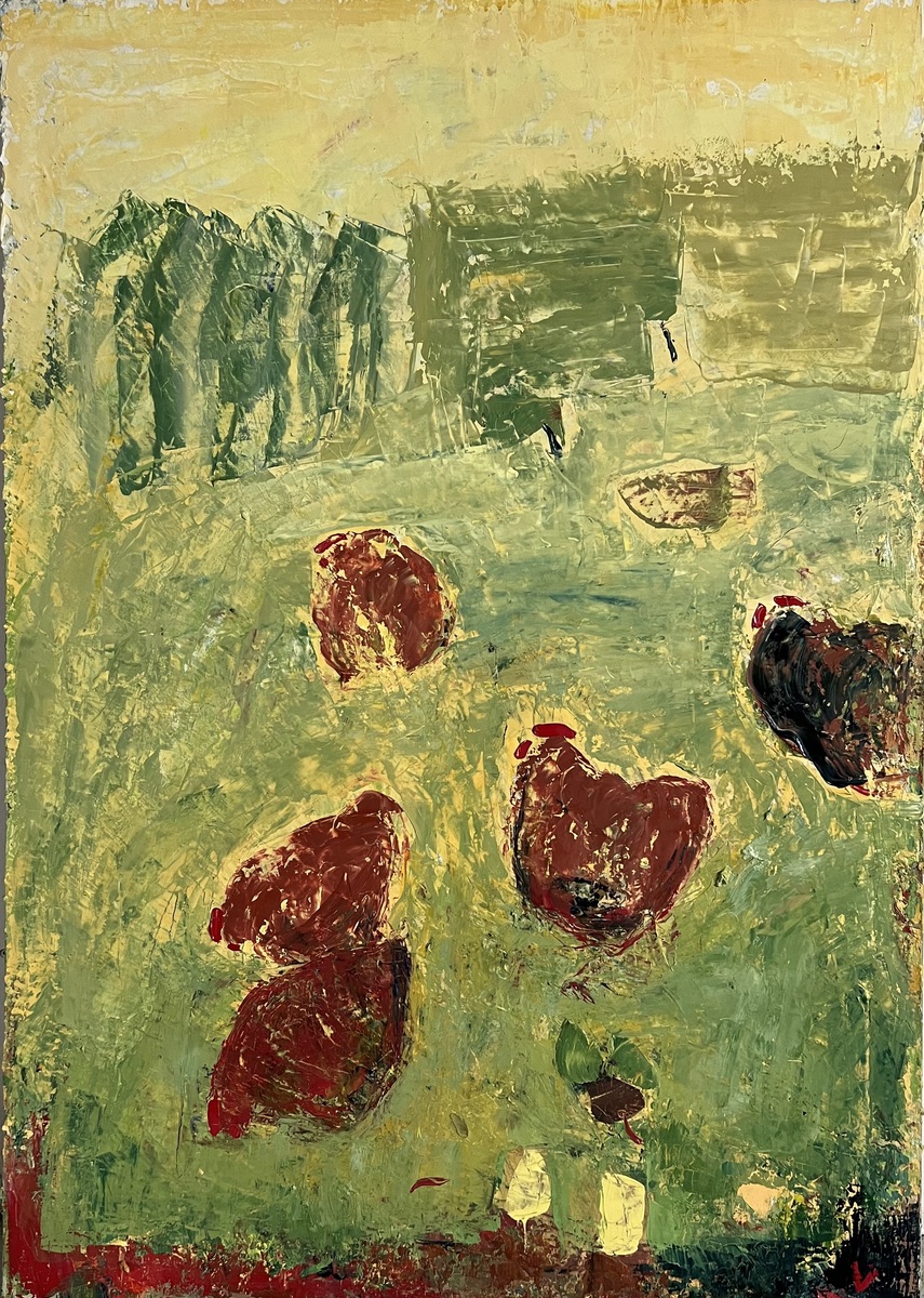 Ingrid Villesen. “Høns” olie på lærred. 100 x 70 cm.