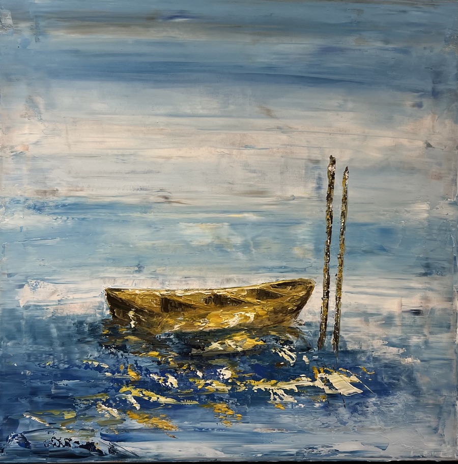 14 Lars Bollerslev. “Båd med bundgarnspæle”. Maleri på lærred / Paint on canvas. 60 x 60 cm.