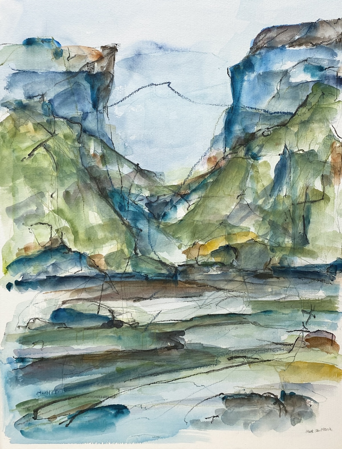 “Færøsk landskab“. Akvarel/grafit - Watercolour/graphite. 65 x 50 cm.