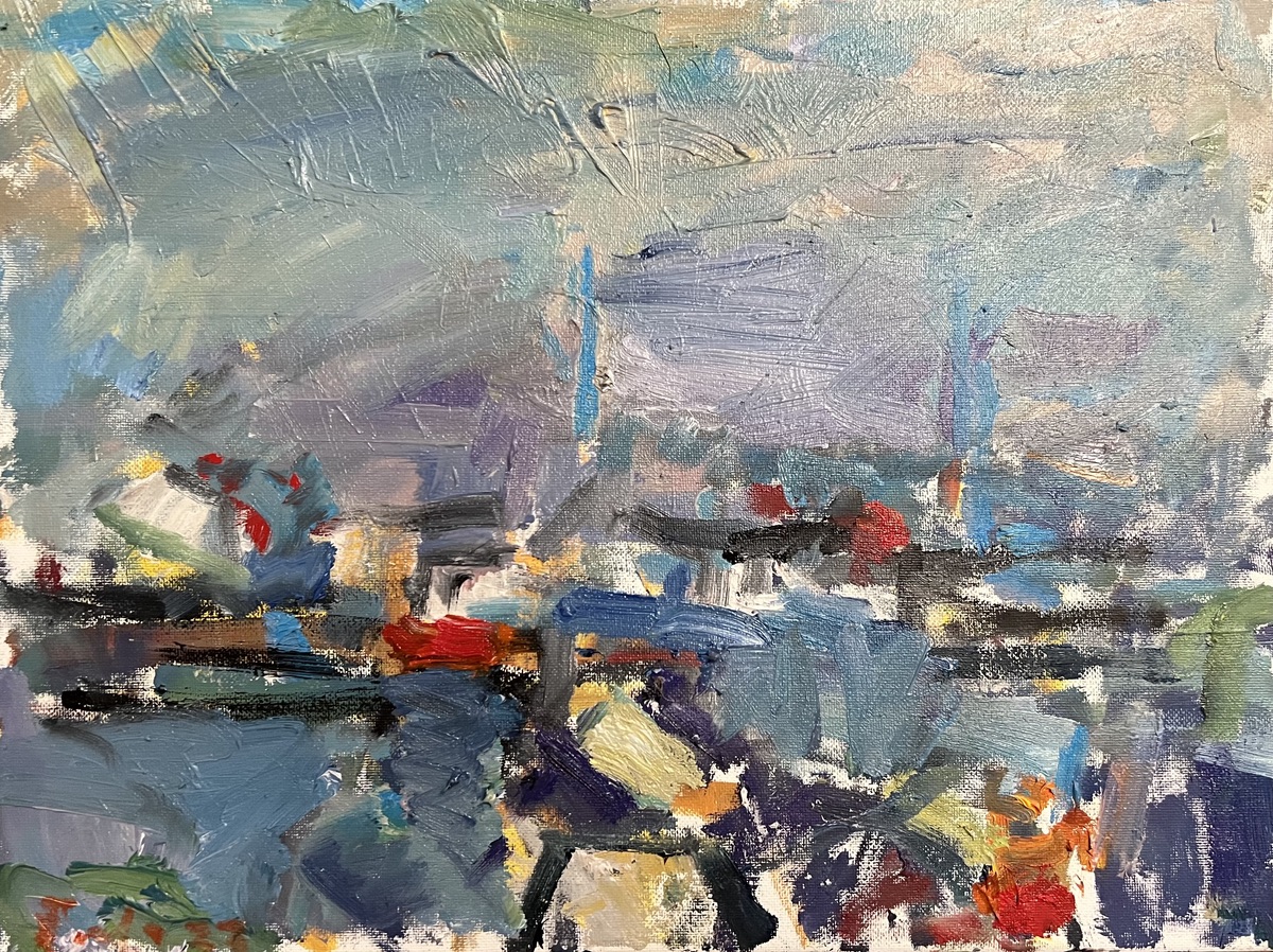 Torbjørn Olsen. “Ved havnen”. Olie på lærred / Paint on canvas. 30 x 40 cm.
