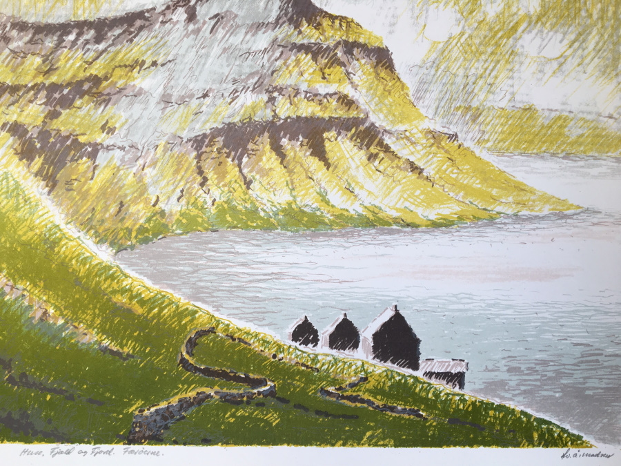 “Huse, Fjæld og Fjord, Færøerne”. Litografi / Lithograph