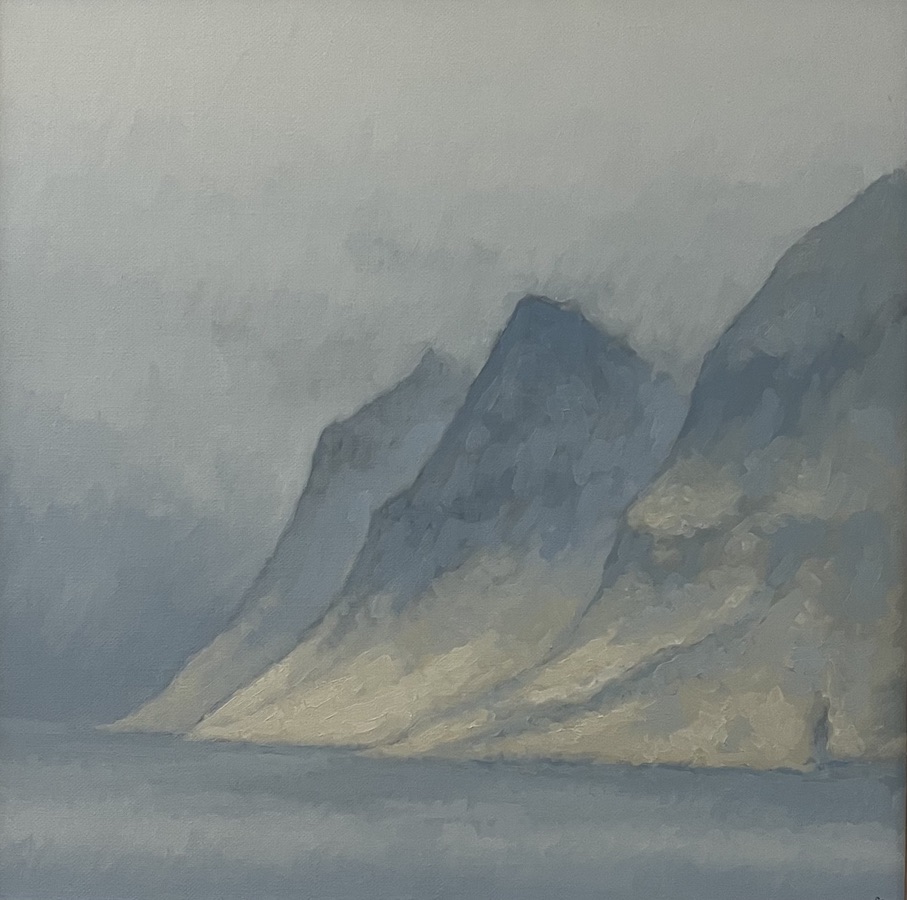 “Lys på fjæld, Færøerne”. Olie på lærred / Paint on canvas. 80 x 80 cm.