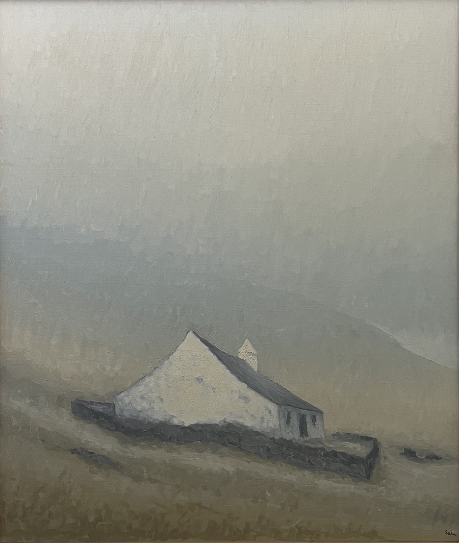 “Bygdekirke i gyldent fjældlys, Færøerne”. Olie på lærred / Paint on canvas. 100 x 85 cm.
